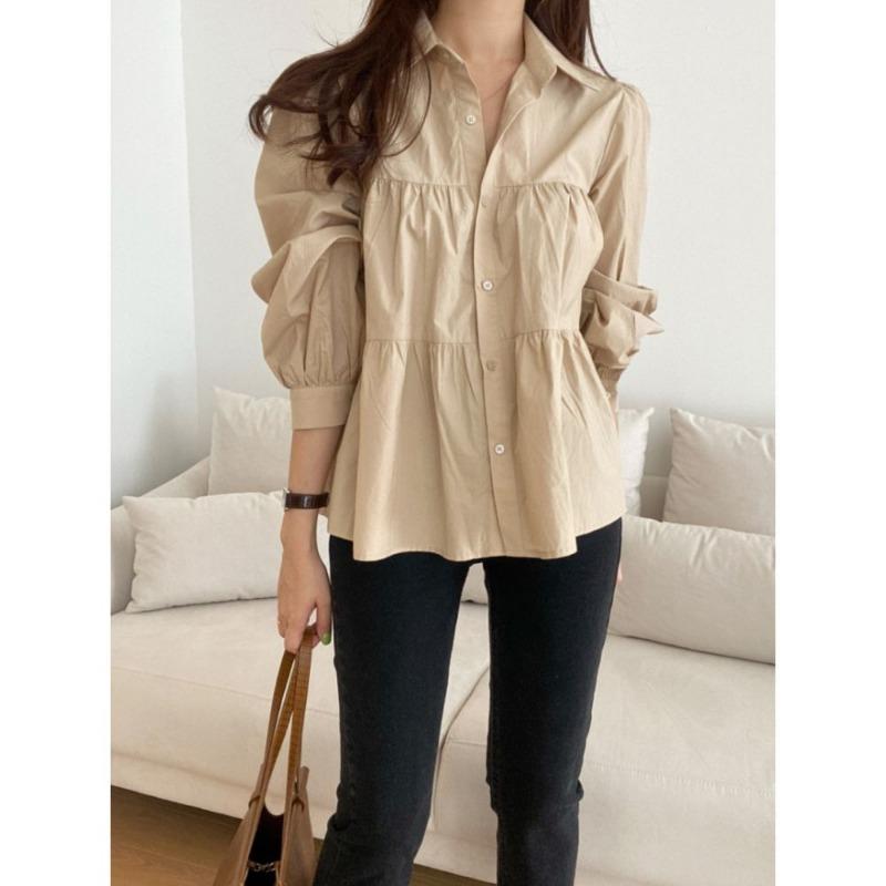 Casual Puff Sleeve Pleated White Shirts for Women Fashion Patchwork Simple Single Breasted Loose Blouses Tops Women Solid Lapel Vintage Blouse 26288