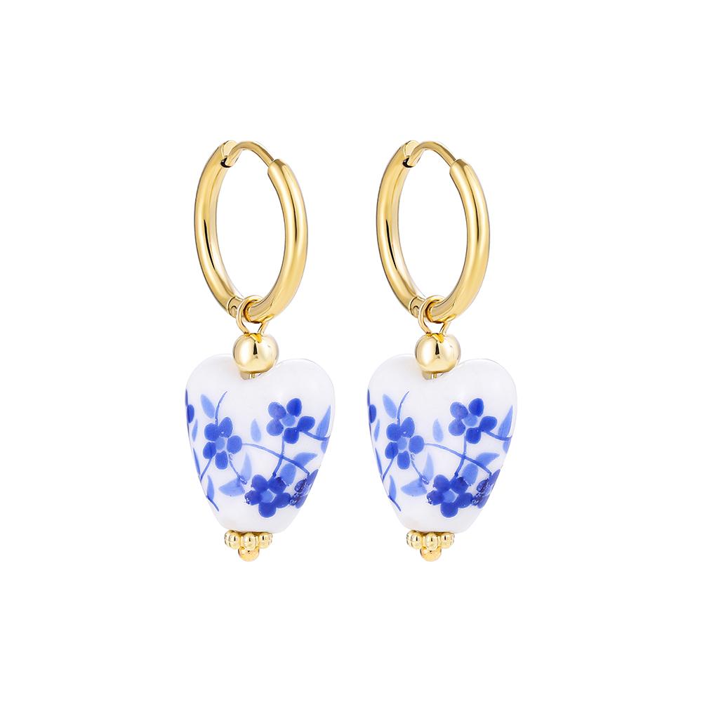Vintage Geometrisch Natursteine Ethnisch Chinesischer Stil Blaue Blume Keramik Herz Perlen Edelstahl Runde Creolen