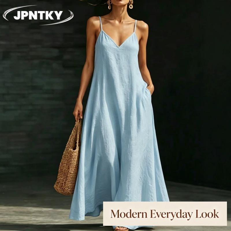 JPNTKY Women's Fashion Summer Spring Solid Color Print V-Neck Sleeveless Casual Dresses