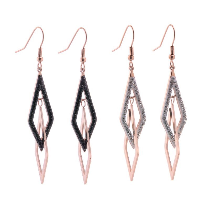 

Korean Titanium Steel Rose Gold Geometric Double Ring Rhombus Dangle Earrings белый