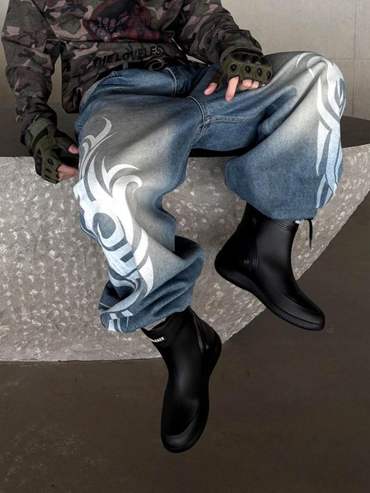 Y2K American Vintage Mottled Totem Print Baggy Jeans Women's High Waist Wide Leg Jeans Women's Harajuku Trendy Hip-hop Jeans