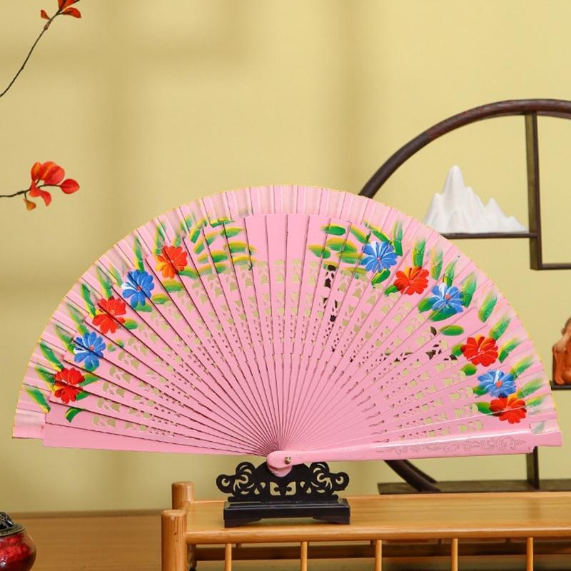 Dámský vintage španělský skládací vějíř oboustranně malovaný květinami dřevěný vějíř pro cikánský tanec festivalovou dekoraci