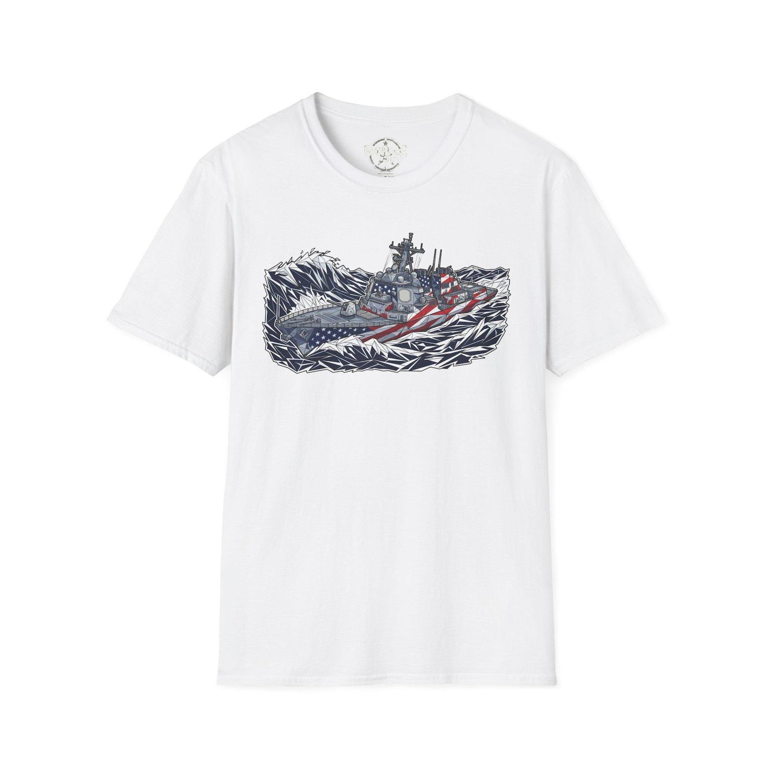 American Flag Battleship T-Shirt | Patriotic Navy Ship Ocean Tee | Navy Veteran Gift S