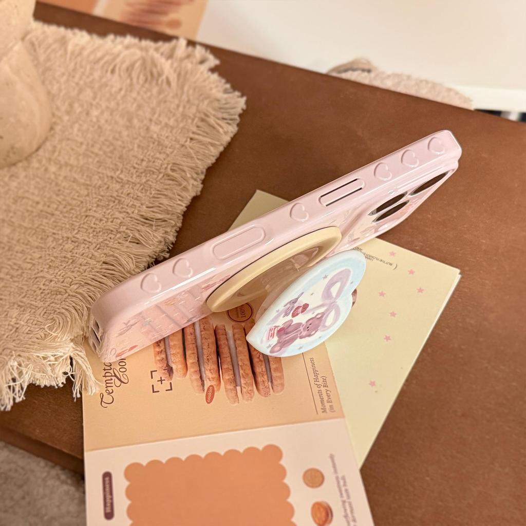 Cute Pink Bear Heart-Shaped Magnetic Stand and Bear Phone Case for iPhone 16, iPhone 17, and iPhone 17 Pro Max