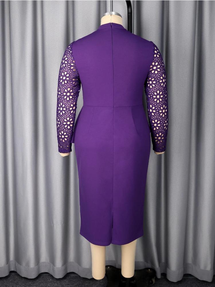 Elegant Women Church Dresses Bodycon Lace Patchwork Hollow Out Peplum Long Sleeves Classy Evening Party Wedding Guest