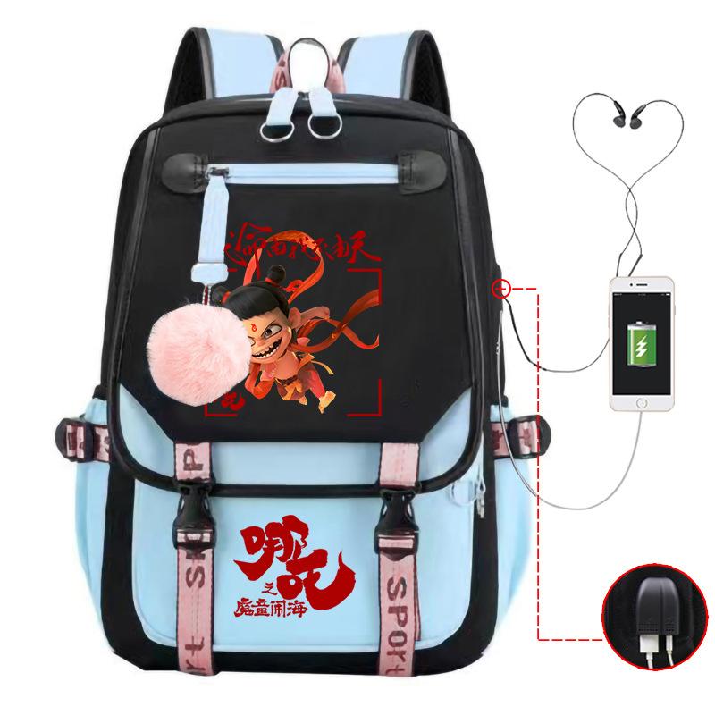 Cartoon Movie Nezha Printing Leisure Burden Reduction Travel Bag Backpack Multi-Function Large Capacity Usb Student Schoolbag