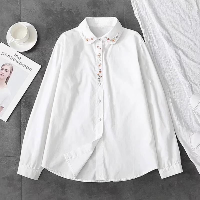 White Cotton Shirts Women Turn Down Collar Embroidered Long Sleeve Blouse Spring Autumn Loose Casual Tops Button Lapel Office Sweet Simple Clothing