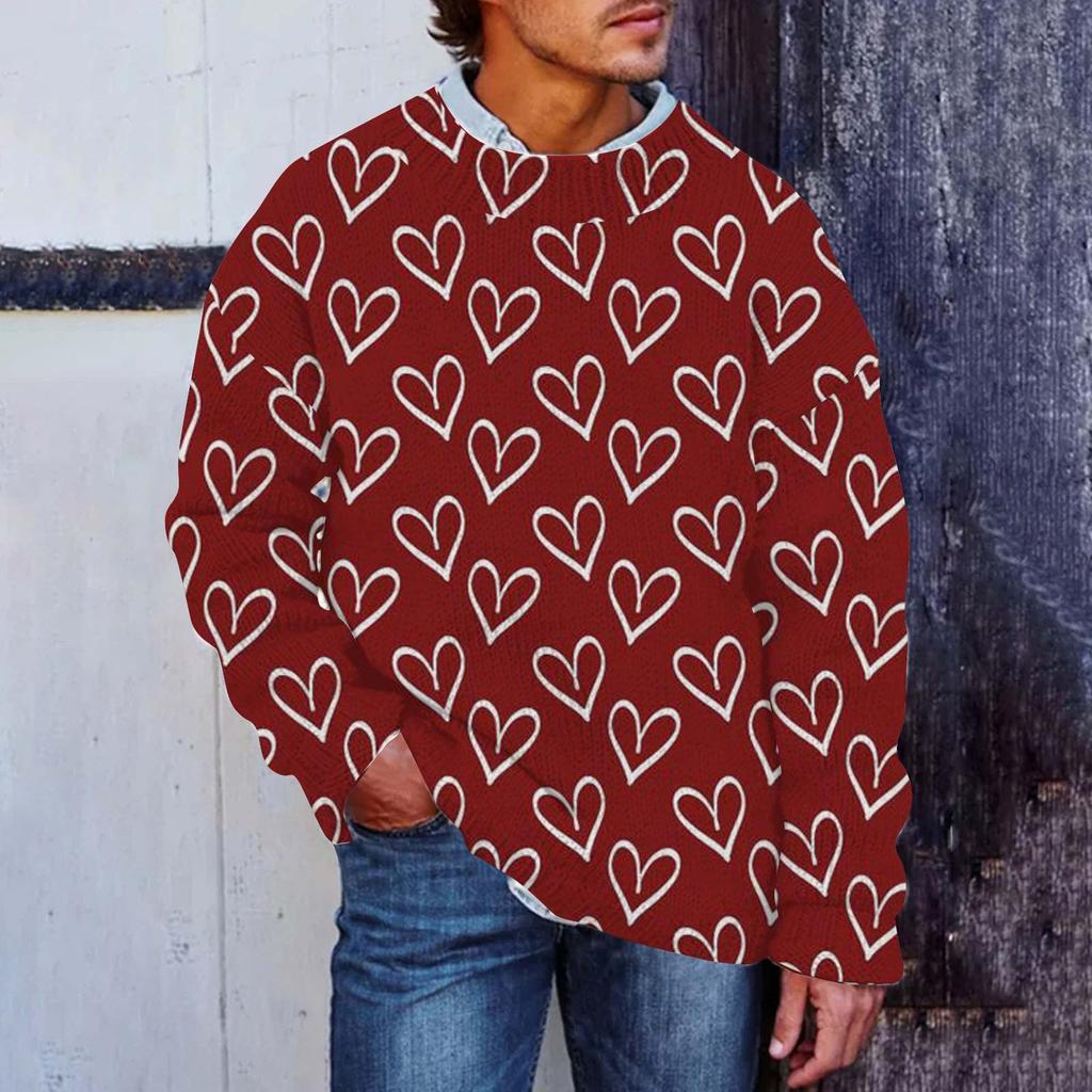 Men's Valentine's Day Print Faux Sweater, Crewneck Sweatshirt, Loose Long-sleeved Top