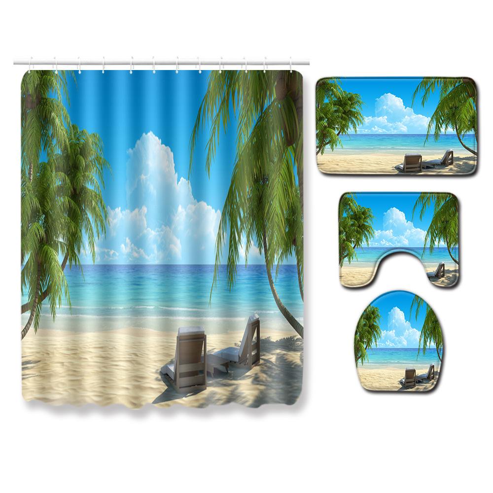 Beach Shower Curtain Floor Mat Combination Four-Piece Set Bathroom Toilet Carpet Shower Room Mat Foot Mat