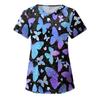 Fashion Butterfly Print V Neck Work Tops With Pockets Short Sleeve Women
