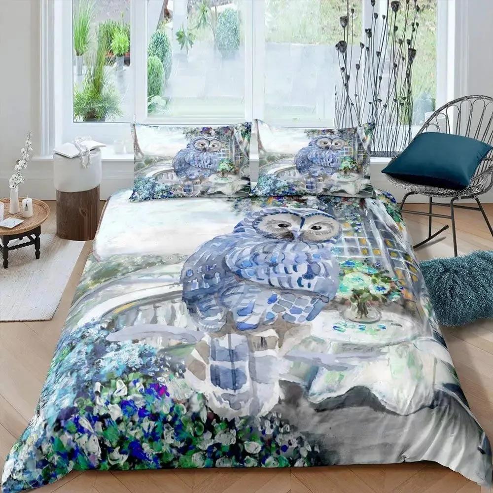 Owl Duvet Cover Set 3D Boho Owl Bedding Set Boho Exotic Style Comforter Cover Moon Safari Bird Animal Print Quilt Cover Queen