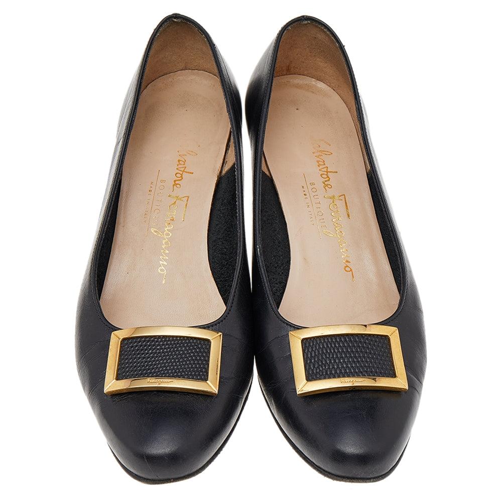 Salvatore Ferragamo Black Leather Buckle Pumps Black