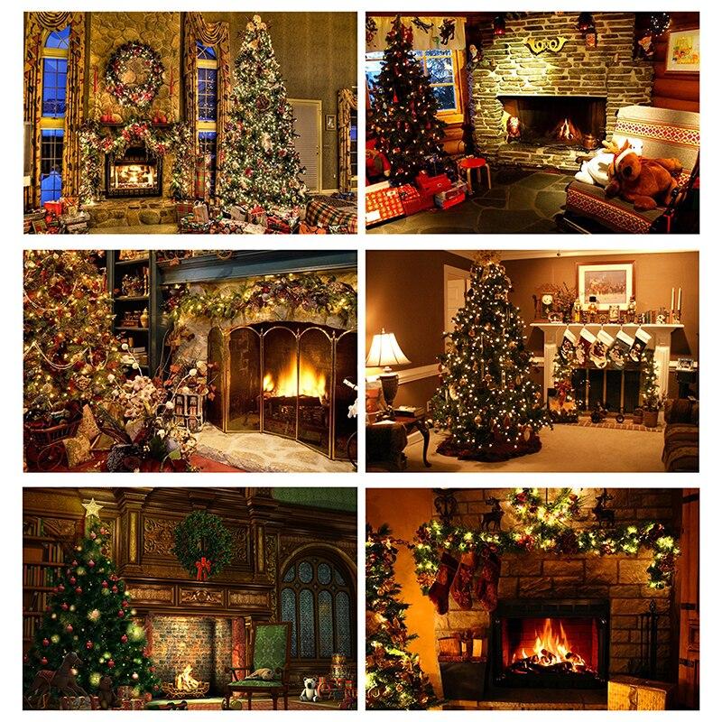 Christmas Fireplace Photography Backdrop Xmas Tree Stocking Photo Background Props for Holiday Family Portrait Studio Shoot Video Party Decor