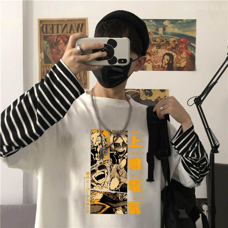 Maglietta a Strisce Moda Anime Giapponese My Hero Academia Top Uomo Donna Harajuku Manga Kaminari Denki Grafiche Maglia a Maniche Lunghe