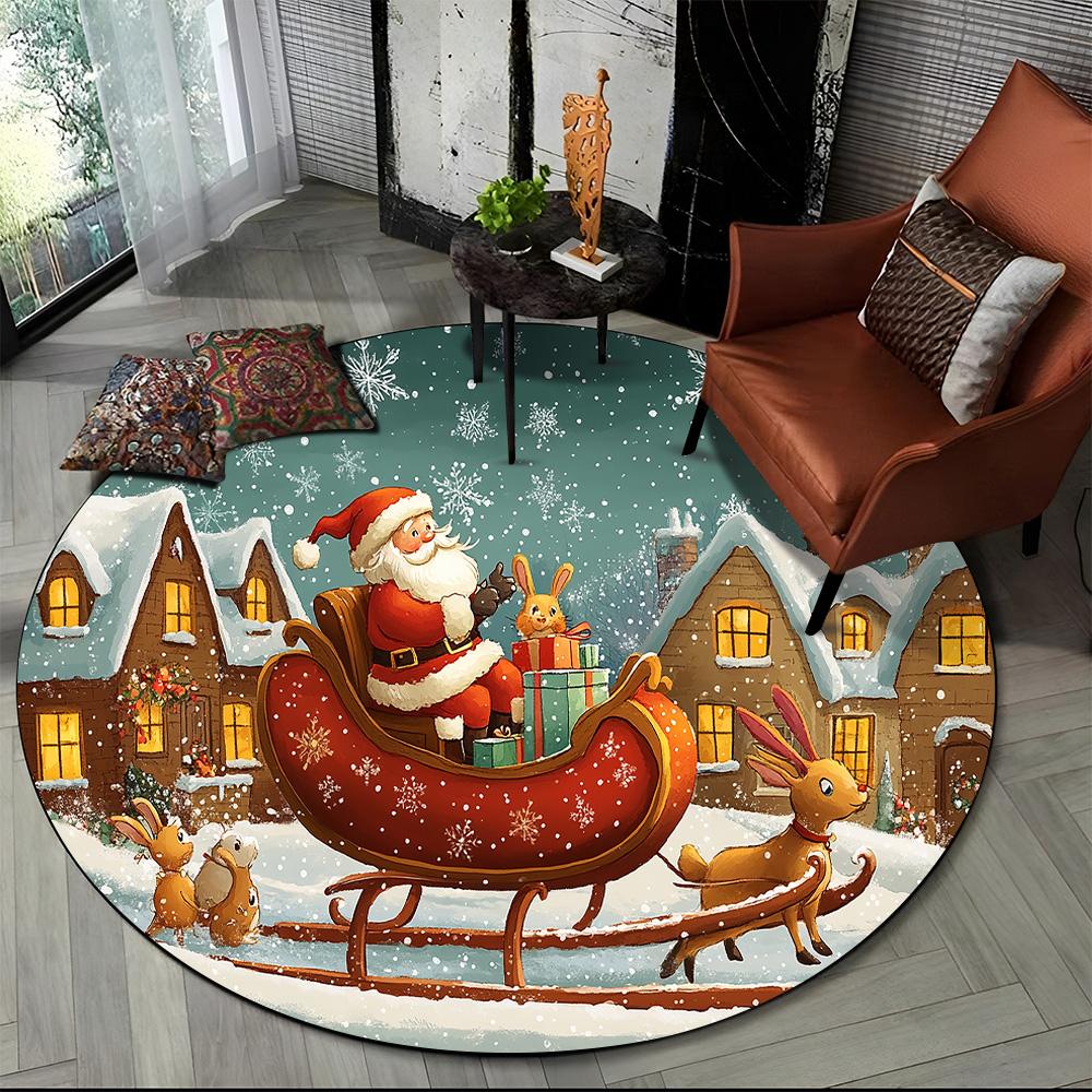 Cartoon Santa Claus Merry Christmas Snowman New Year Round Carpet Rug for Bedroom Living Room Sofa Decoration,Decor Floor Mat