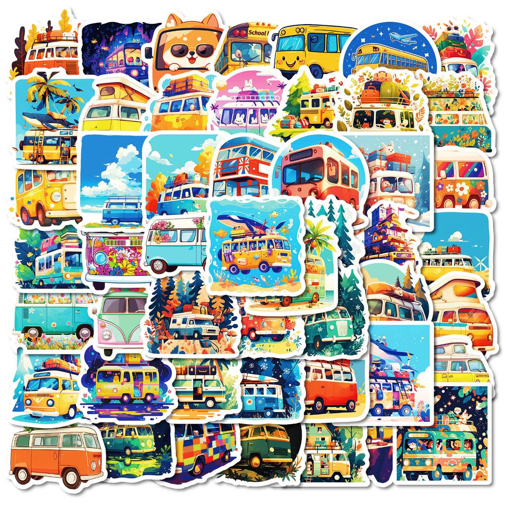 50 Niedliche Mehrfarbige Schwimmbus Cartoon Transportmittel Serie Wasserdichte Dekorative Aufkleber für Kinder Erleuchtungsbildung