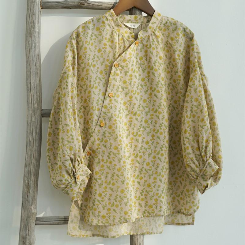 Johnature Women Vintage Print Floral Shirts Tops Stand Puff Sleeve Blouses Summer Chinese Style Female Shirts