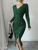 Women's Knitted Elegant Wrap Dress High Waist Bodycon Midi V-neck Long Sleeve Autumn Winter Dresses