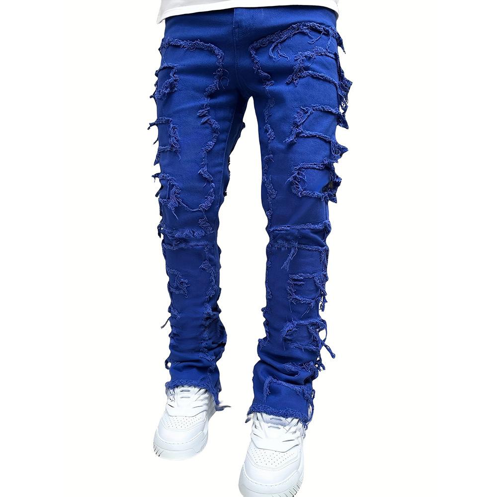Men's Regular Fit Stacked Jeans Ripped Slim Fit Patch Distressed Destroyed Straight Denim Pants Hip Hop Streetwear Trouser