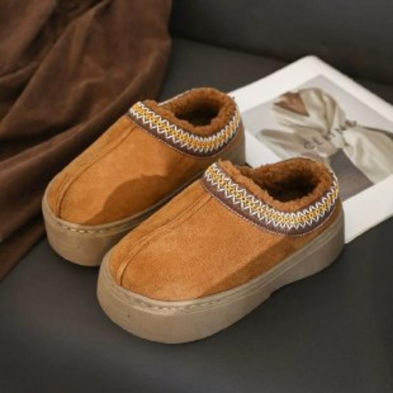 New cotton slippers women's winter embroidery thick-soled velvet warm one-pedal non-slip heightening slippers