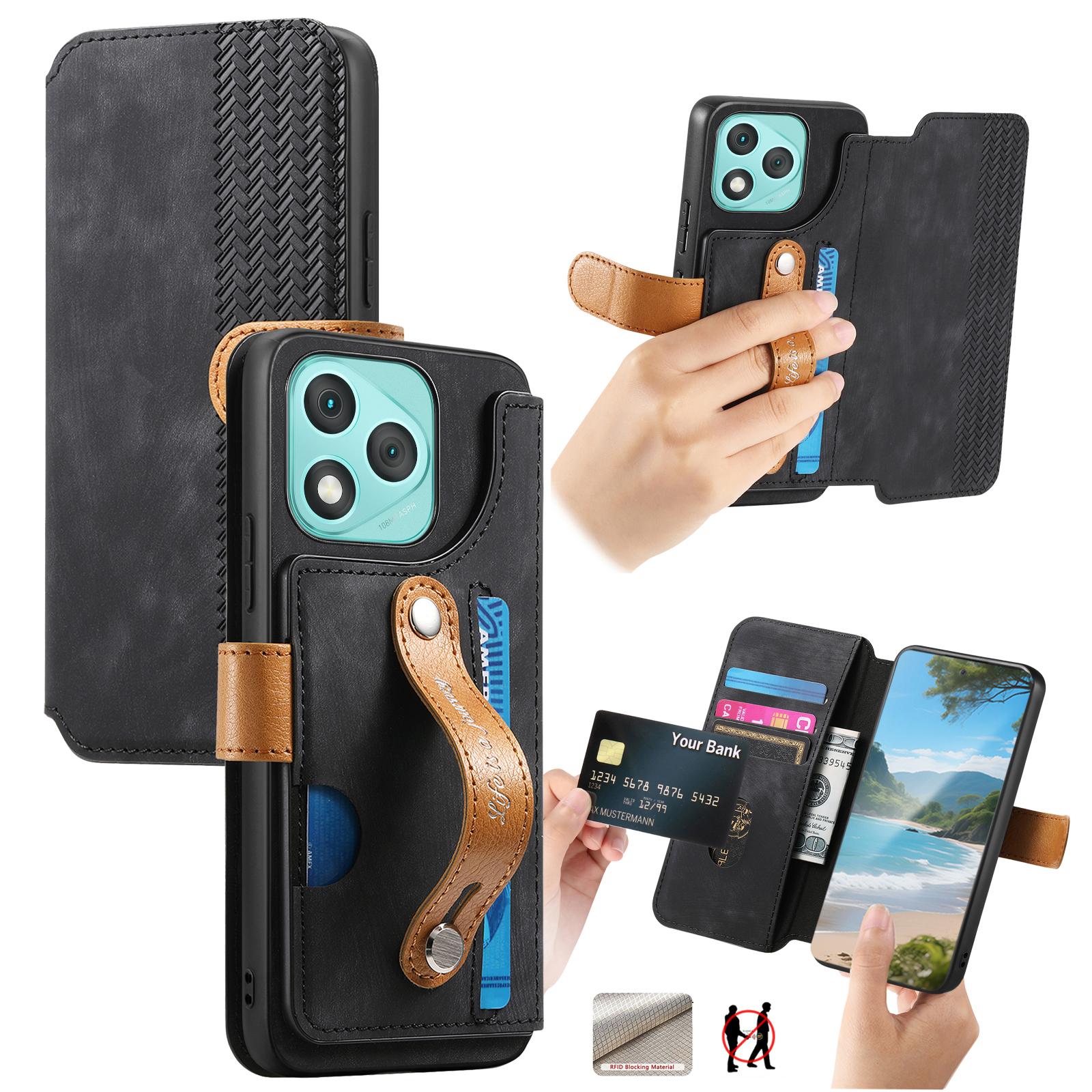 

For Honor 400 Lite Case Wallet Retro Leather Phone Cover with Wristband Kickstand Black