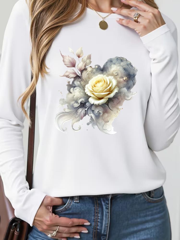 

(Asian Size) T Shirt Tee Lady Printed o-neck Women Female Clothing butterfly trend 90s Casual Fashion Top Long Sleeve Graphic T-shirts S