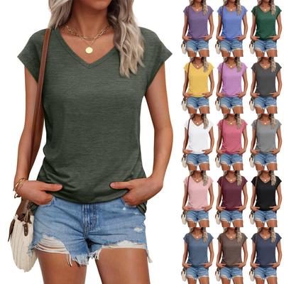 Women's Summer Fashion V-neck Solid Color Short Sleeve T-Shirt Casual Top