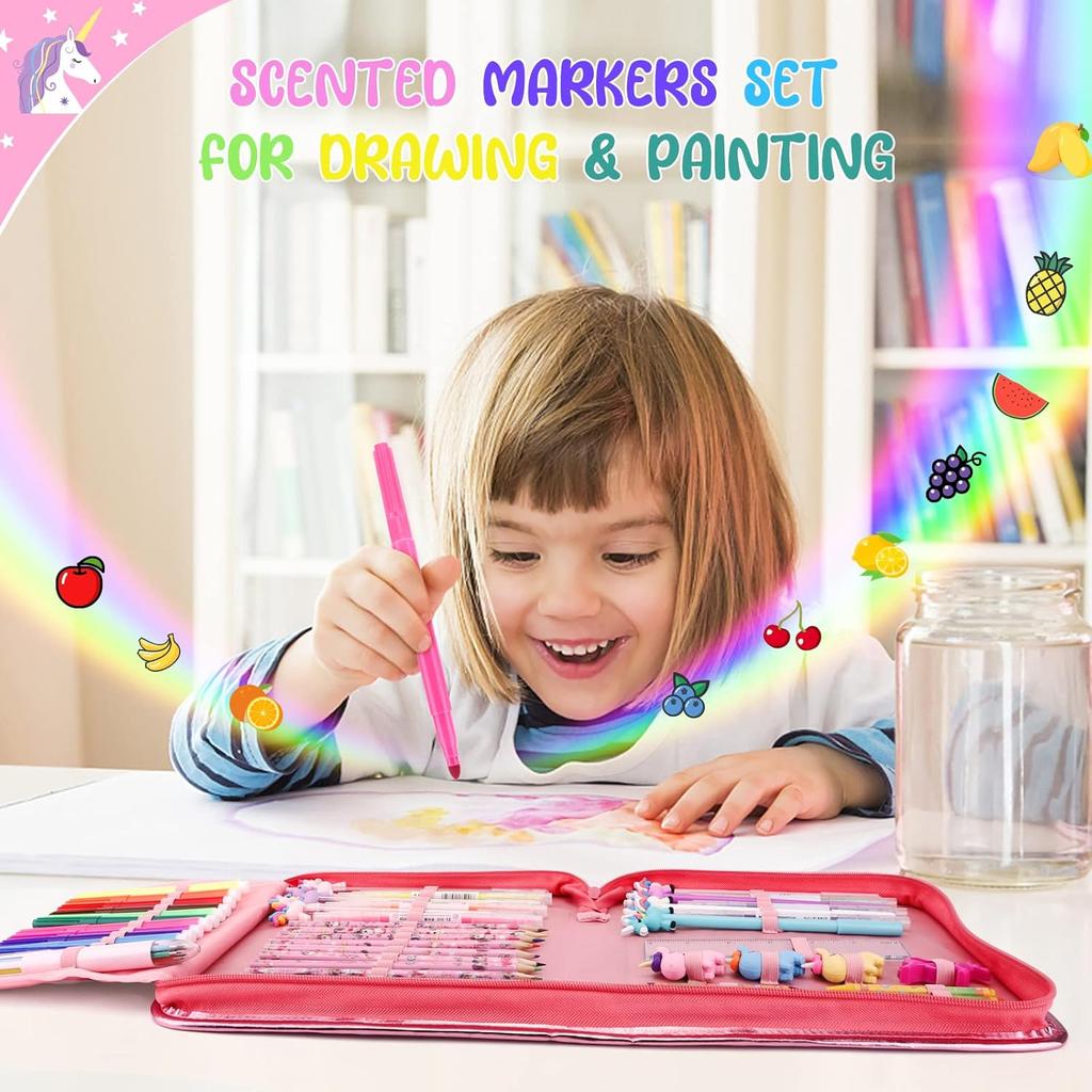 53/56PCS Stationery Sets for Kids Coloring Drawing Kits with Unicorn Pencil Case Fruit Scented Markers Crayon Set Back to School