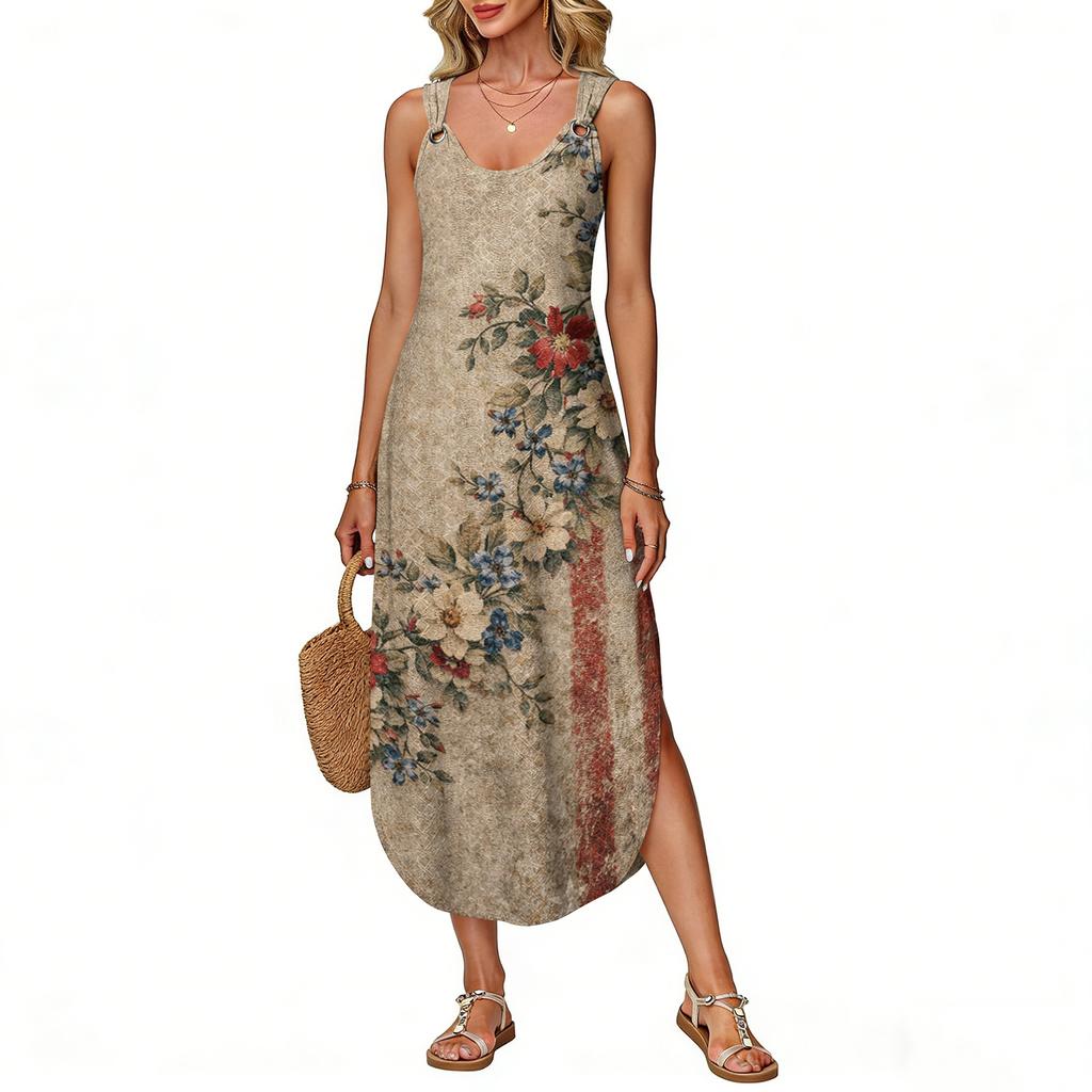 Women's Summer Long Dress Sleeveless Side Slit Long Independence Day Print Vacator Dress