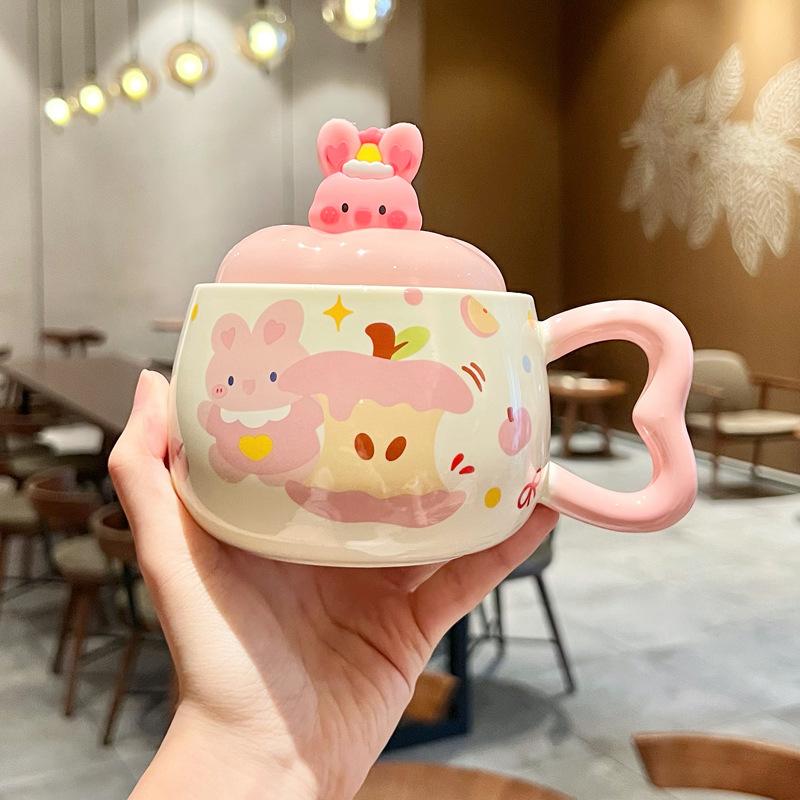Apple Puppy Water Cup Super Beautiful Rabbit Ceramic Cup with Lid Spoon Couple Mug for Girls' Birthday Gift