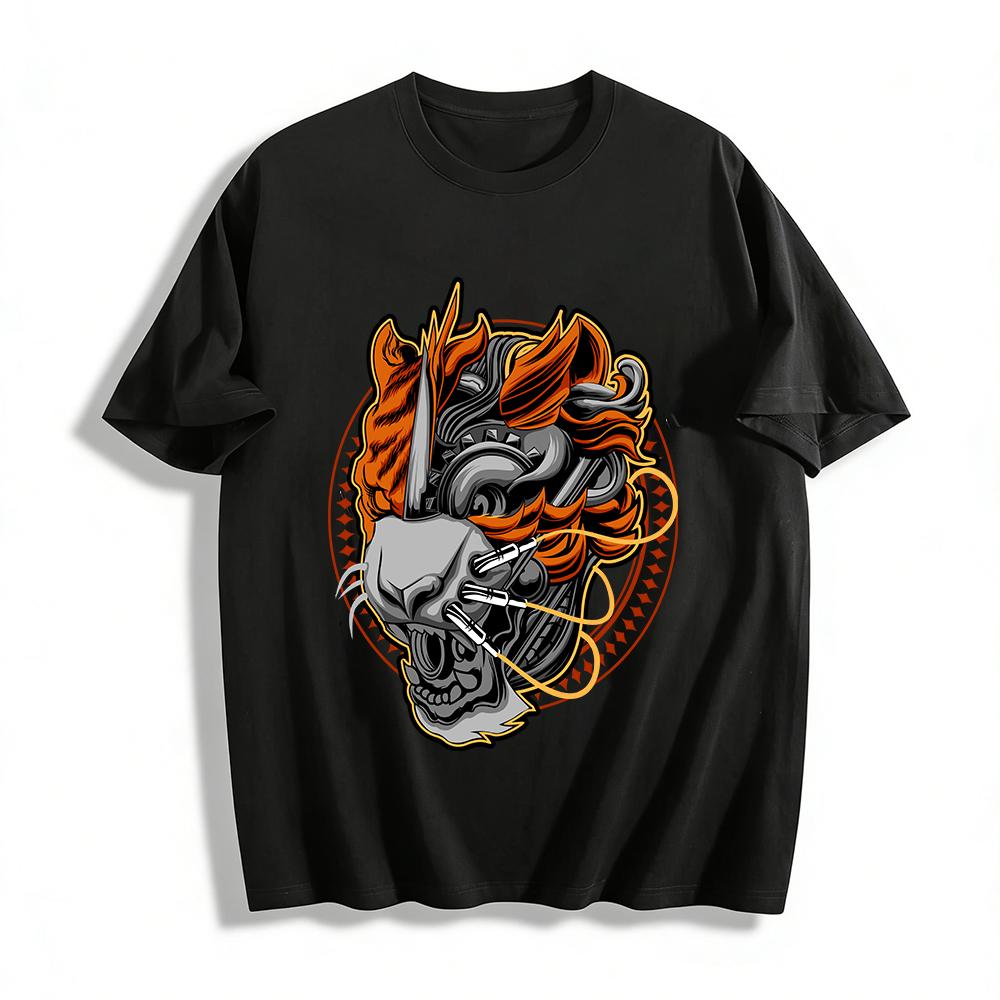 Cyber Mecha Beast Print Trendy Loose Short Sleeve T-Shirt Unisex Pure cotton T-shirt XXS