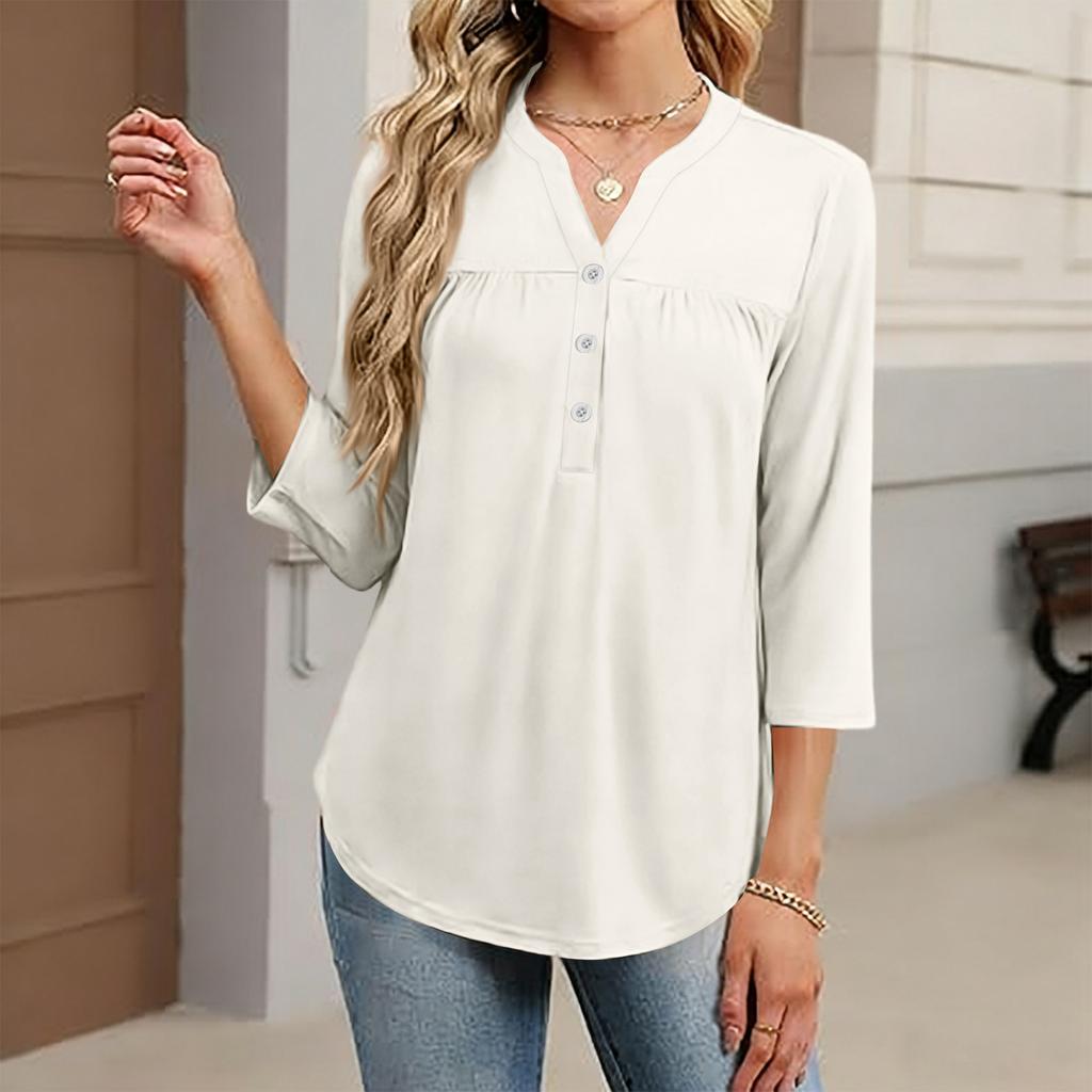 Women's Fashionable Casual Color V-Neck Decorative Button Three-Quarter Sleeve T-Shirt Top
