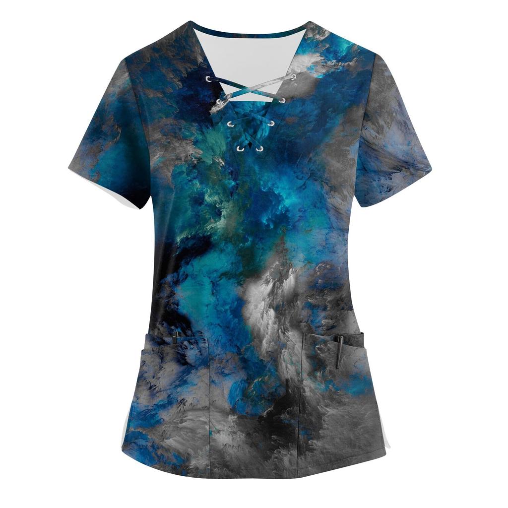 Dámská pracovní uniforma s krátkým rukávem a výstřihem do V s potiskem