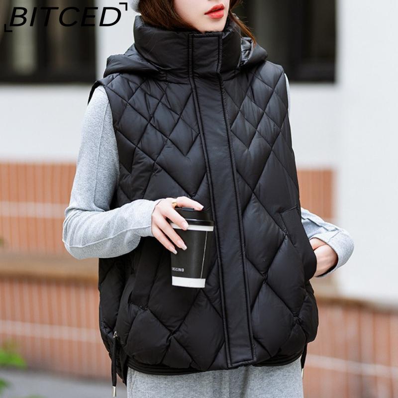 BITCED Women's Autumn/Winter Quilted Down Vest - Elegant Hooded Cotton Jacket, Short-Sleeved Waistcoat, Diamond-Quilted Vest