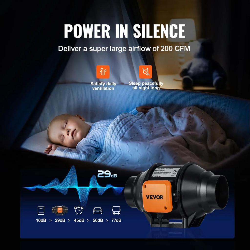VEVOR Inline Duct Fan, 102mm 129.7 CFM with Variable Speed Controller, Quiet AC-motor Ventilation Exhaust Fan for Cooling Booster, Grow Tents