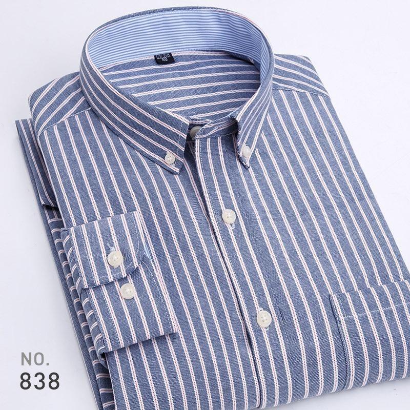 New Men's Oxford Striped Long Sleeve Shirt, Korean Slim Fit Youth Casual Fashion Button Up Shirt