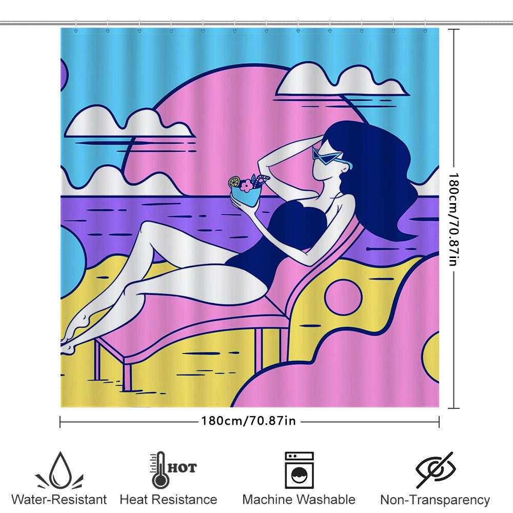 Blue Watermark Shower Curtain With Girl Summer Pattern For Bathroom Decor 72X78In (183X200Cm) Modern Print Waterproof Customizab