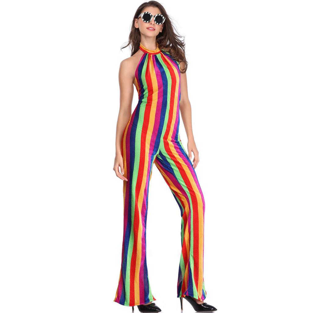 Rainbow striped print stage jumpsuit, clown costume cos women's costume, halloween costume