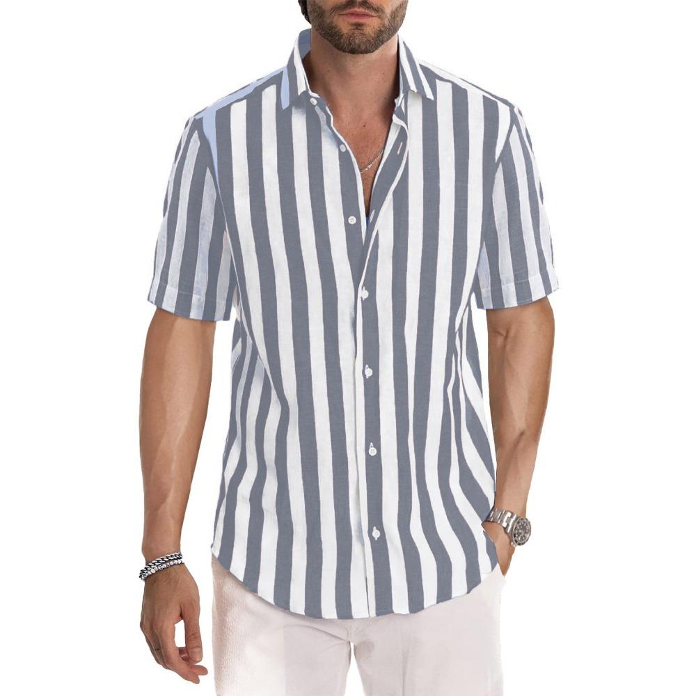 Summer Men's Casual Striped Lapel Short Sleeved Shirt