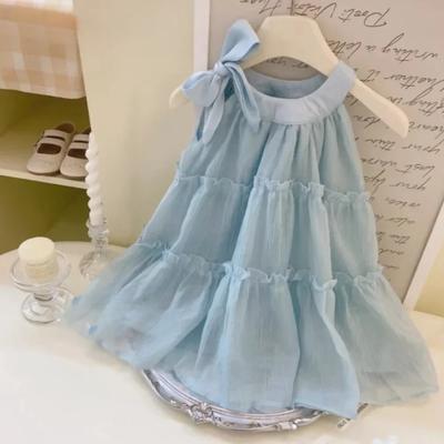 Summer Fashion Blue 2-7 Years Girl Cake Princess Dress Bow Sleeveless Lovely Kids Clothes