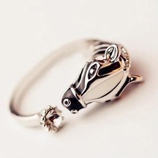 Women Fashion Horse Head Rhinestone Opening Finger Ring for Party Club