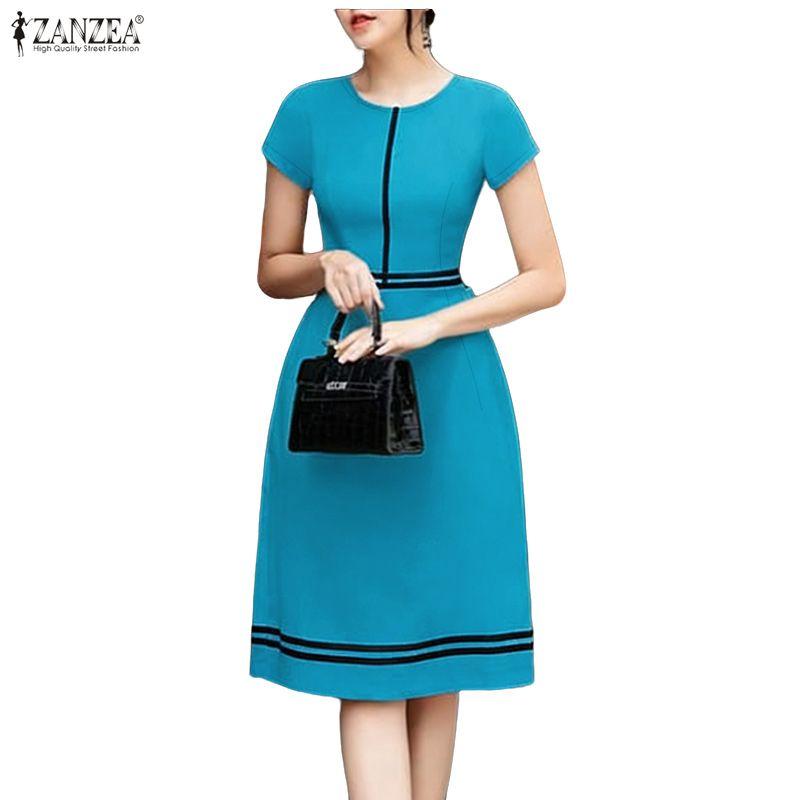 ZANZEA Women Casual Round Neck Short Sleeve Splice A-line Dress
