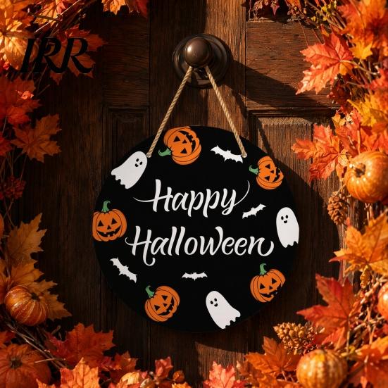 Haunted House Door Sign Halloween Hanging Sign, Wooden Front Hanger Wreath, Cute Eye-catching Ghost Welcome for Porch Wall Indoor Home Decoration