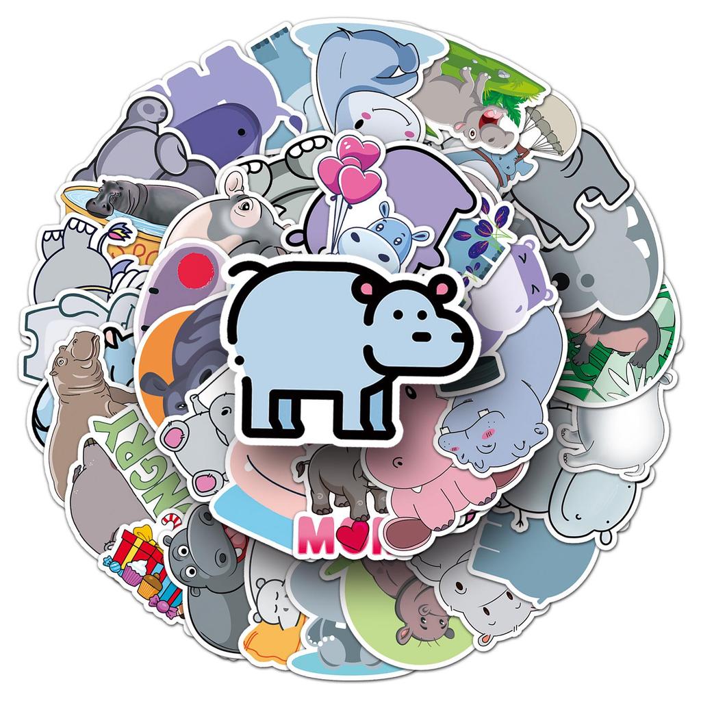 50 Cute Waterproof Hippo Cartoon Animal Stickers for Stationery and Notebooks