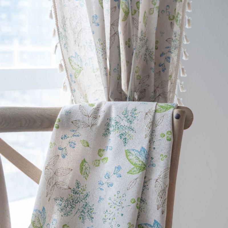 Modern Printed Cotton Curtain With Leaf Floral Tassel Trim Semi-Sheer Living Room Dining Kitchen Bay Window
