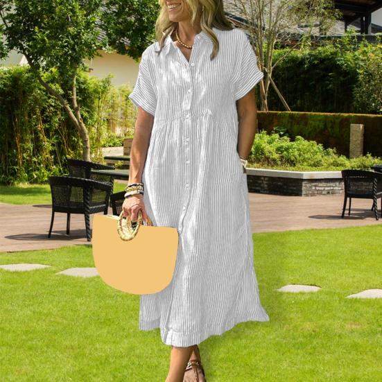Striped Lapel Button Down Shirt Dress with Pockets Summer Casual Short Sleeve A-line Long