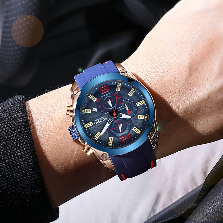 Megir Rose Blue Waterproof Sports Men Watches Clock Quartz Wrsitwatch for Man