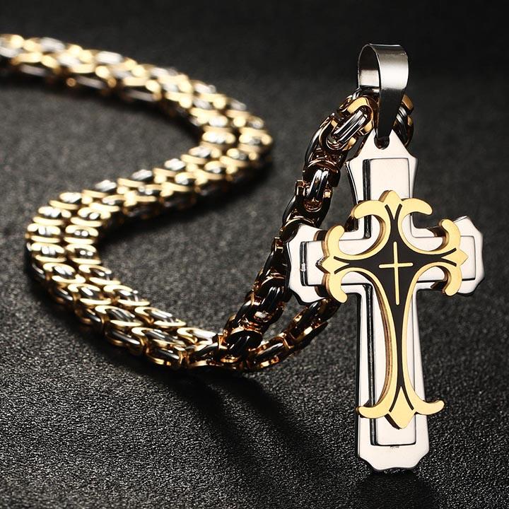 Vintage Stainless Steel Fleur-de-lis Cross Necklaces Pendants Long Byzantine Chain Necklaces Men Jewelry NC07