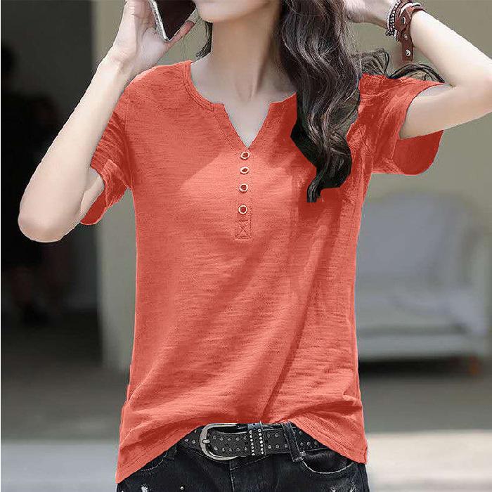 

Summer new short-sleeved T-shirt loose large size V-neck women s short-sleeved body shirt undershirt 4XL помаранчевий