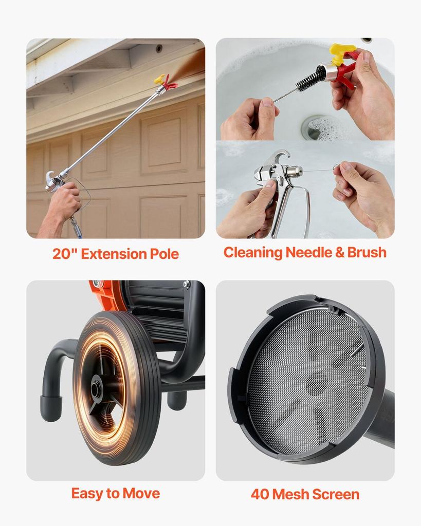 Diaphragm Airless Paint Sprayer, 900 W Efficient Cart Airless Paint Sprayer, 2200 Psi High Pressure, with Extension Pole, Cleaning Needle and Brush,